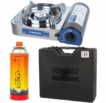 Kuchenka turystyczna gazowa z piezozapalarką + solidna walizka + kartusze